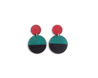 Cork earrings. Bold colors, lightweight statement jewelry. Two circles. Red, teal and black.