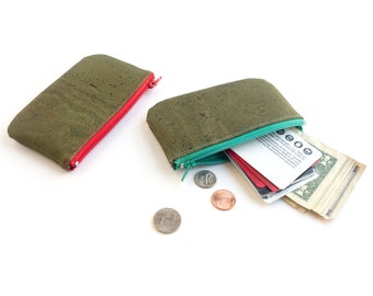 Zipper card wallet. Cork leather coin purse. Olive green vegan leather zip wallet.