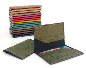 Front pocket wallet. Slim credit card holder made of cork fabric. Olive green minimal wallet.