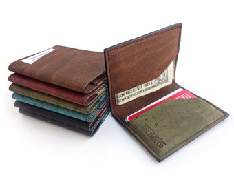 Cork wallet with outside pocket. Vegan leather card case. Slim travel wallet.