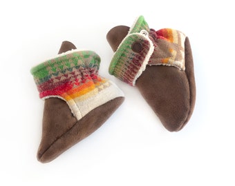 Pendelton baby booties, useful baby shower gift. Rainbow stripe baby moccasins made with premium Pendelton wool, great for winter moccs.