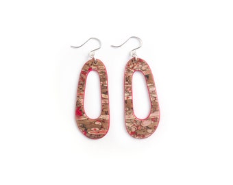 Red fennel cork earrings. Lightweight statement jewelry. Droopy shape earrings.