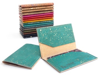 Business card carrier. Teal and gold shimmer cork wallet. Small card case.