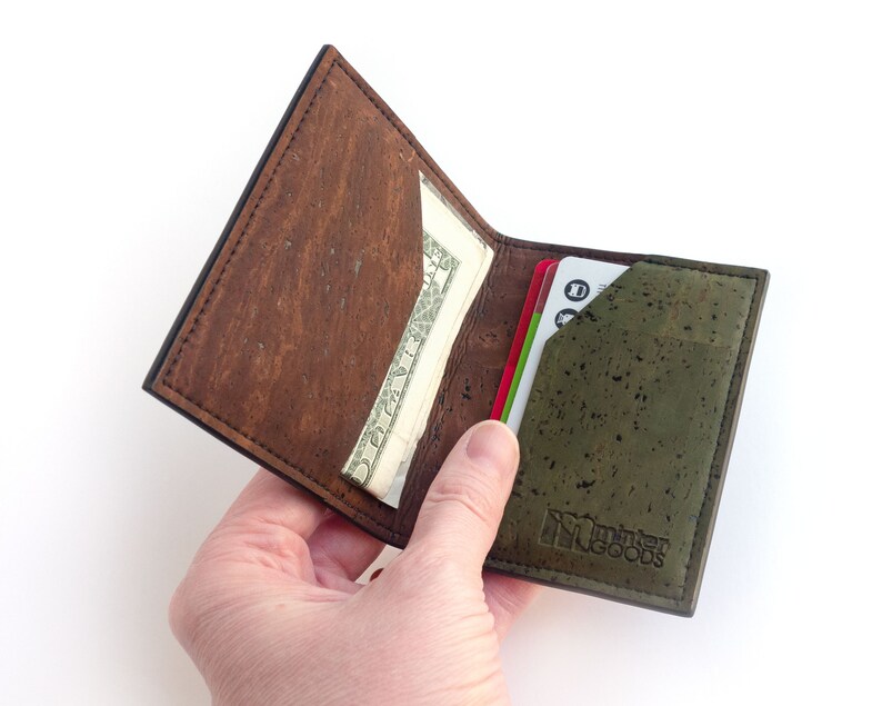 Mens front pocket wallet. Card and cash holder made from cork fabric. Vegan gift accessory. image 5