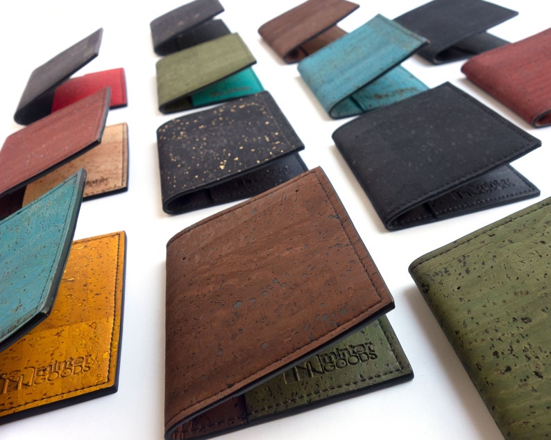 Cork slim wallet, various colors. Vegan leather small wallet for folded cash. Credit card carrier with outer slit. image 10