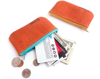 Zipper card holder. Cork fabric pouch. Small and orange card wallet.