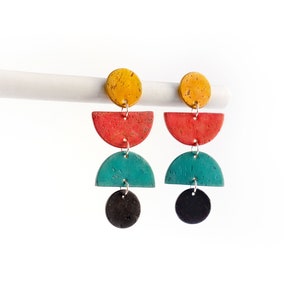 Swingy, geometric cork earrings. Bold colors, lightweight statement jewelry. Mustard yellow, red, teal and black cork leather jewelry. image 6