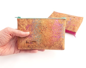 Rainbow cork medium zipper pouch. Vegan leather. Zipper clutch. Cork clutch. Cork fabric