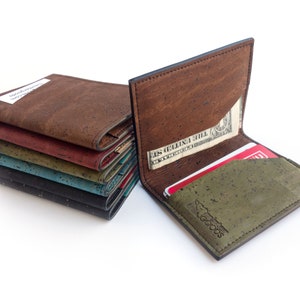 Mens front pocket wallet. Card and cash holder made from cork fabric. Vegan gift accessory. image 2