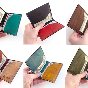 Cork slim wallet, various colors. Vegan leather small wallet for folded cash. Credit card carrier with outer slit. image 9