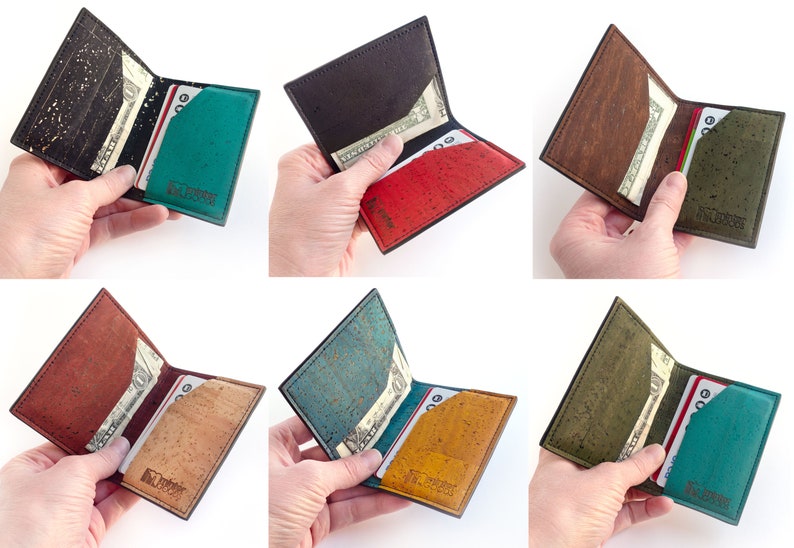 Cork slim wallet, various colors. Vegan leather small wallet for folded cash. Credit card carrier with outer slit. image 9