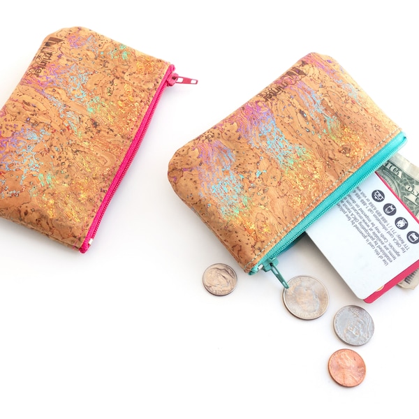 Vegan coin purse made with rainbow cork fabric. Small zip pouch.