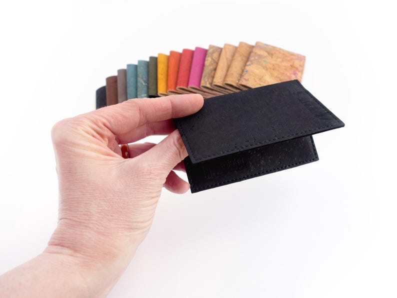 Credit card holder. Small card wallet made of black cork fabric. Small business card case. image 7