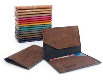 Vegan leather card holder. Brown cork leather thin wallet. Leather business card case.