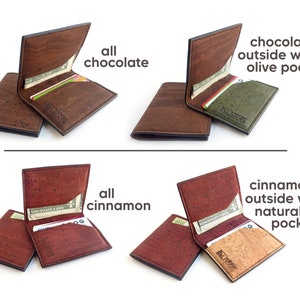 Cork slim wallet, various colors. Vegan leather small wallet for folded cash. Credit card carrier with outer slit. image 4