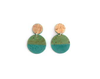 Cork earrings. Bold colors, lightweight statement jewelry. Two circles. Natural cork with teal and green cork.