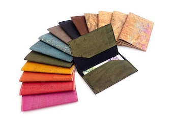 Front pocket wallet. Slim credit card holder made of cork fabric. Olive green minimal wallet.