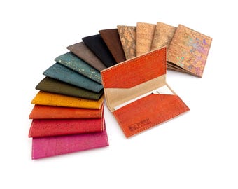 Minimalist card holder. Thin card case made of cork leather. Small orange carrier case, leather credit card wallet.