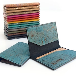 Simple wallet. Cork leather card case. Vegan leather credit card wallet. Blue and other colors.