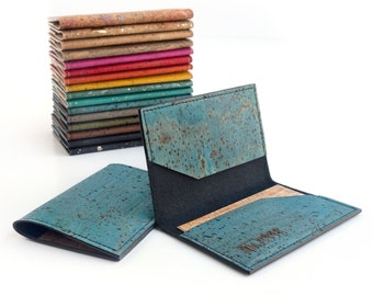 Simple wallet. Cork leather card case. Vegan leather credit card wallet. Blue and other colors.