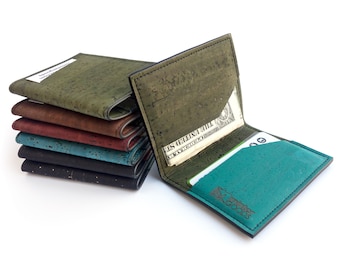 Stylish wallet. Slim bifold wallet made with cork fabric. Olive green and teal cork leather card carrier.