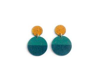 Cork earrings. Bold colors, lightweight statement jewelry. Two circles. Mustard yellow and teal.