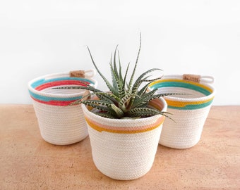 Planter made of rope, clothesline pot for plant. Cotton clothesline basket. Indoor plant pot. Colorful painted stripes, cachepot.