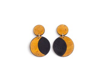 Moon earrings made of mustard yellow + black cork. Lightweight statement jewelry.