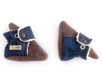Baby boy coming home outfit, stylish denim baby moccasins that stay on. Rugged gift for nephew, fleece lined. Fake shearling mocassins, moc.