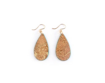Teardrop earrings. Natural cork with gold flecks teal edges. Lightweight and natural jewelry.