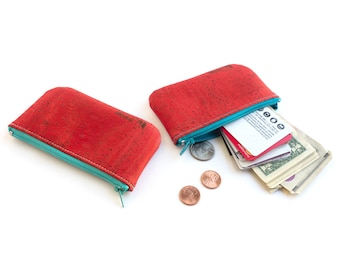 Small change purse. Cork leather zipper pouch. Vegan coin wallet with zip.