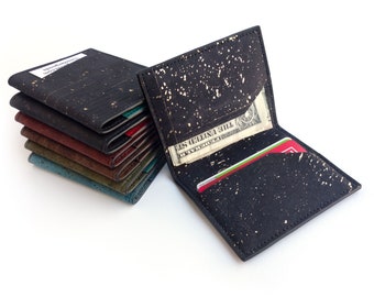 Small wallet. Black cork wallet with gold flecks. Simple and stylish vegan accessory.