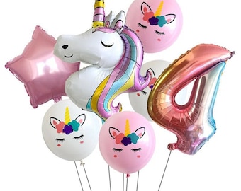 Unicorn 4th Birthday Balloon Set | Rainbow Number Four