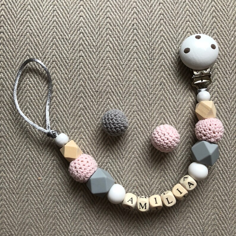 Personalised Wooden and Silicone Dummy Clip Crochet Beads Blue White Grey Baby