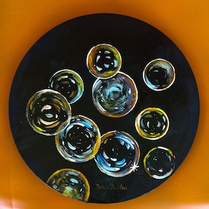 Original Acrylic Painting of Bubbles on 12-inch Round Canvas, Colored Bubbles