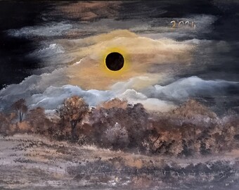 Solar Eclipse Original Acrylic Painting for Upcoming Solar Eclipse 2024, Astronomy Painting Moon 12x16, Space Wall Art, Moon Phases Art