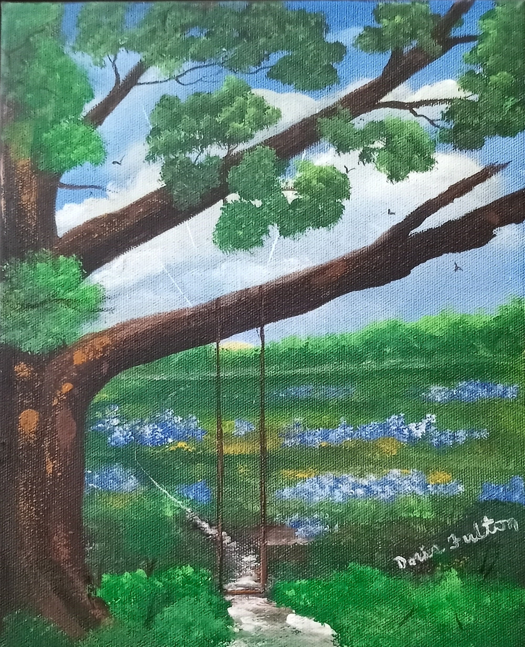 Landscape Sunrise Painting on Canvas Tree Swing, Country Setting