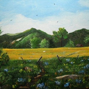 Landscape Countryside Painting on Canvas, Acrylic Painting of Bluebonnets, Sheep, Rural Countryside Landscape, Home Decor, Wall Decor