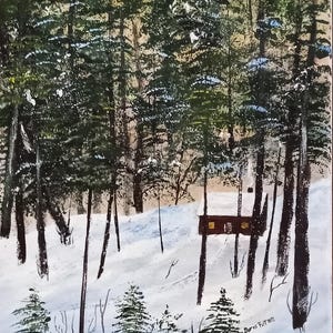 Original Forest Snow Scene, Acrylic Painting on 11 x 14 Canvas by Artist,  Winter Landscape, Cabin in the Snow, Forest Wall Decor