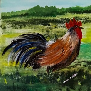 Painting of Country Rooster on Canvas, Barnyard Animal, Country Home Decor, Original Chicken Painting, Rooster Art Home Decor, Kitchen Decor