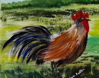 Painting of Country Rooster on Canvas, Barnyard Animal, Country Home Decor, Original Chicken Painting, Rooster Art Home Decor, Kitchen Decor