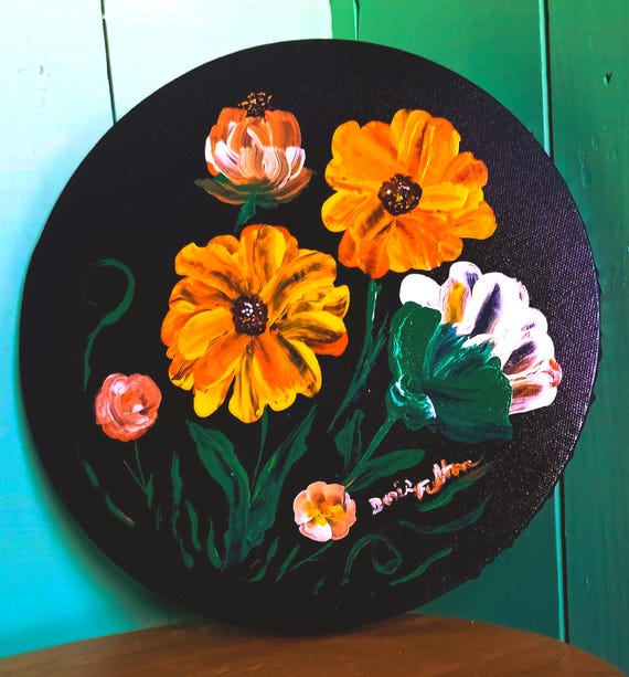 Mothers Day Gift, Acrylic Painting of Flowers on Round Canvas