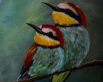 Bird Painting Bird Art Acrylic on Stretched Canvas 12 x 16, Love Birds Wall Hanging, Gift for Bird Lover, Colorful Bird Painting