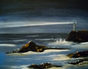 Lighthouse Coastal Art Seascape Ocean Painting, Nautical Beach Decor, Seascape Lighthouse Original Art, Seaside Ocean Landscape, Gift