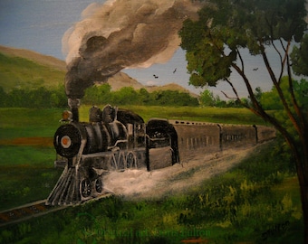 Painting of Vintage Train Steam Locomotive Railroad, Vintage Art Deco Locomotive Steam Train, American Horseman Train, 1950s Locomotive