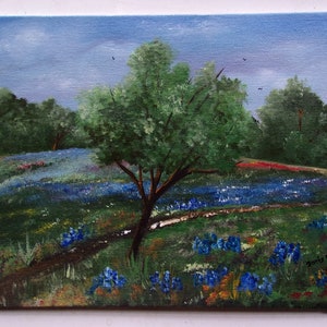 Bluebonnet Painting Texas Hill Country, Wall Decor, Summer Landscape Painting 9x12, Pasture Landscape Art, Original Landscape on Canvas,