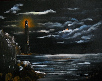 Original Lighthouse Seascape Ocean Painting, Ocean Landscape, Gothic Dark Night Ocean Painting, Night Sky Wall Decor, Nautical Wall Hanging