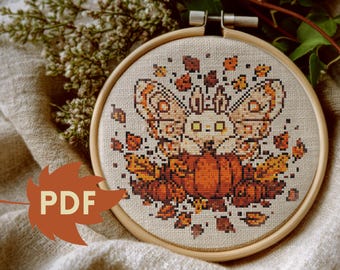 Patrón de punto de cruz de polilla luna otoñal, calabaza bruja (patrón en PDF)
