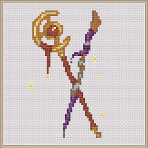 Puede incluir: Dise&ntilde;o de punto de cruz de un b&aacute;culo de fantas&iacute;a. El b&aacute;culo tiene una parte superior dorada con una gema roja y un asta marr&oacute;n y morada. Est&aacute; decorado con detalles plateados y dorados y rodeado de estrellas amarillas. El dise&ntilde;o est&aacute; enmarcado.