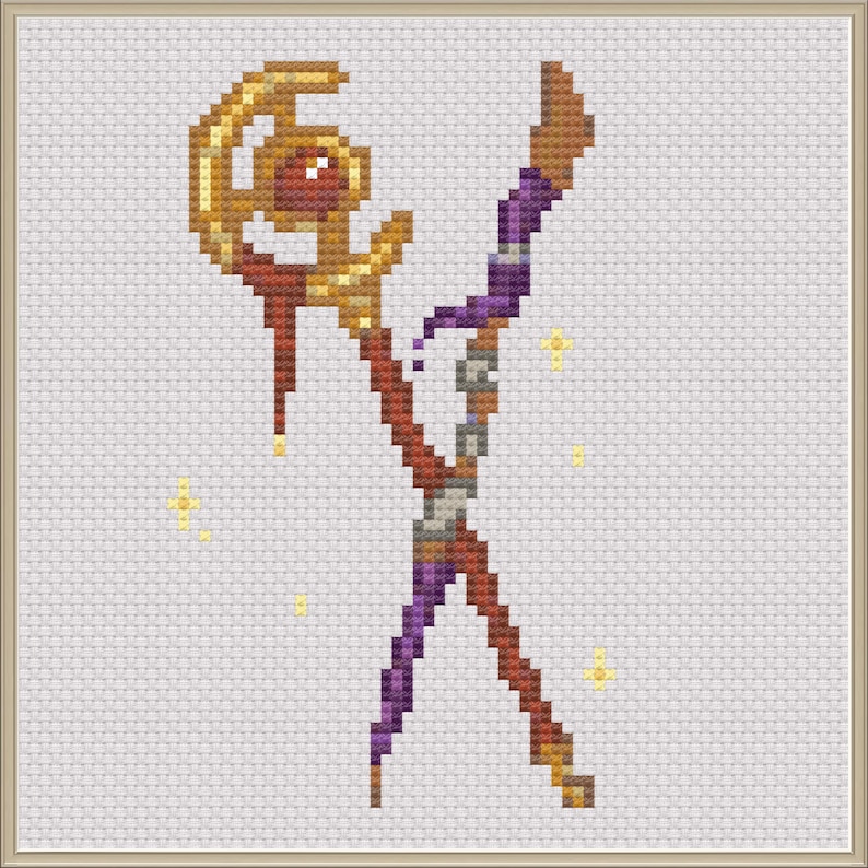 Puede incluir: Dise&ntilde;o de punto de cruz de un b&aacute;culo de fantas&iacute;a. El b&aacute;culo tiene una parte superior dorada con una gema roja y un asta marr&oacute;n y morada. Est&aacute; decorado con detalles plateados y dorados y rodeado de estrellas amarillas. El dise&ntilde;o est&aacute; enmarcado.